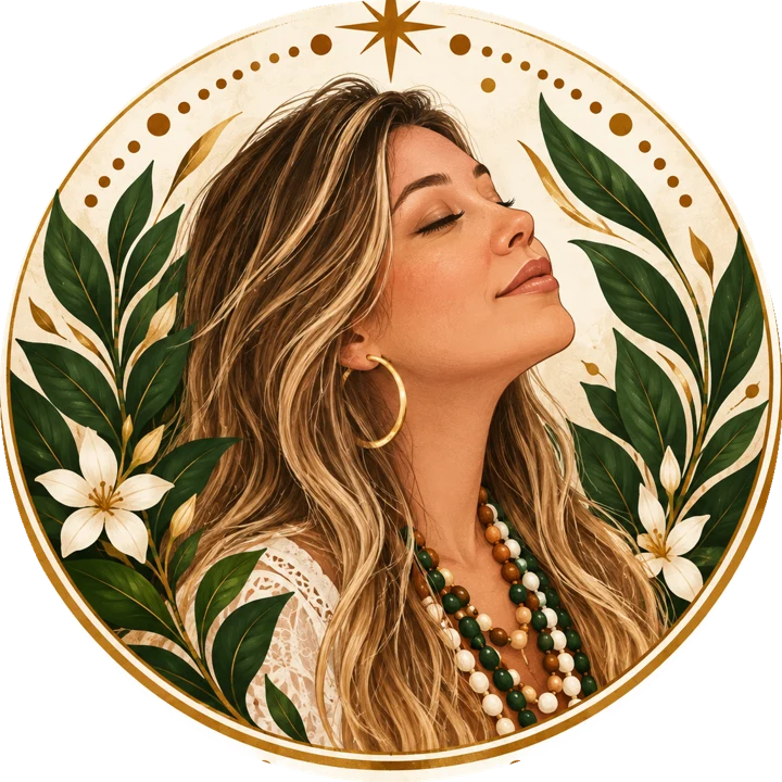 Ilustração da Filha da Umbanda em medalhão dourado com folhas e flores